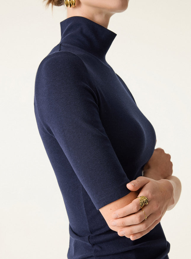 Essential Turtleneck Elbow Length Sleeve Built-In Bra Top - Midnight Navy