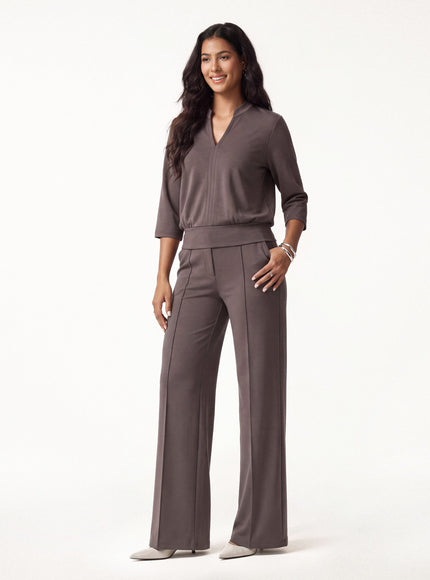 2Pcs Set V-Neck Elbow Sleeve Top & Mid Rise Straight Leg Pants with Pockets