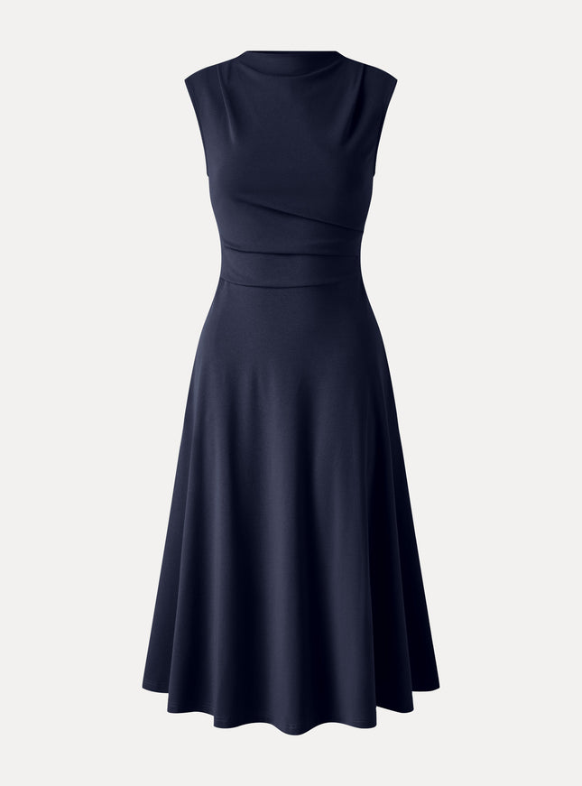 Viscose-Cotton Mock Neck Sleeveless Tucked Midi Dress