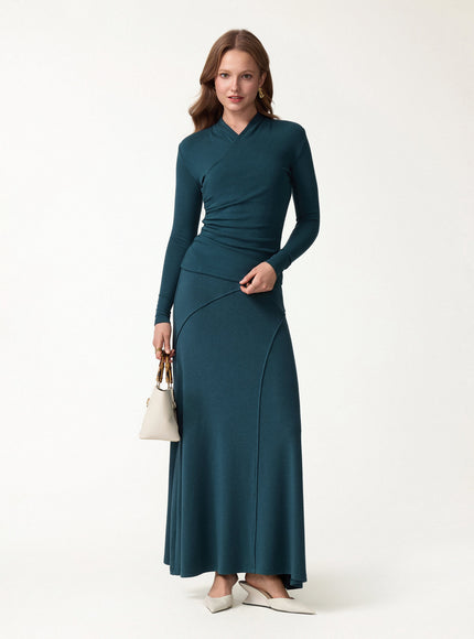 2Pcs Set Surplice Long Sleeve Top & A-Line Midi Skirt