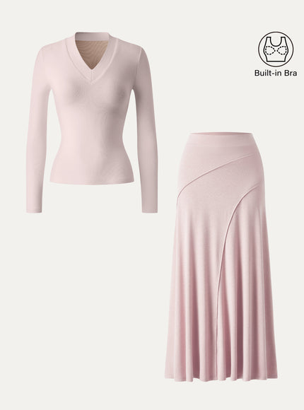 2Pcs Set V-neck Wide Binding Built-In Bra Top & Drapey A-Line Maxi Skirt