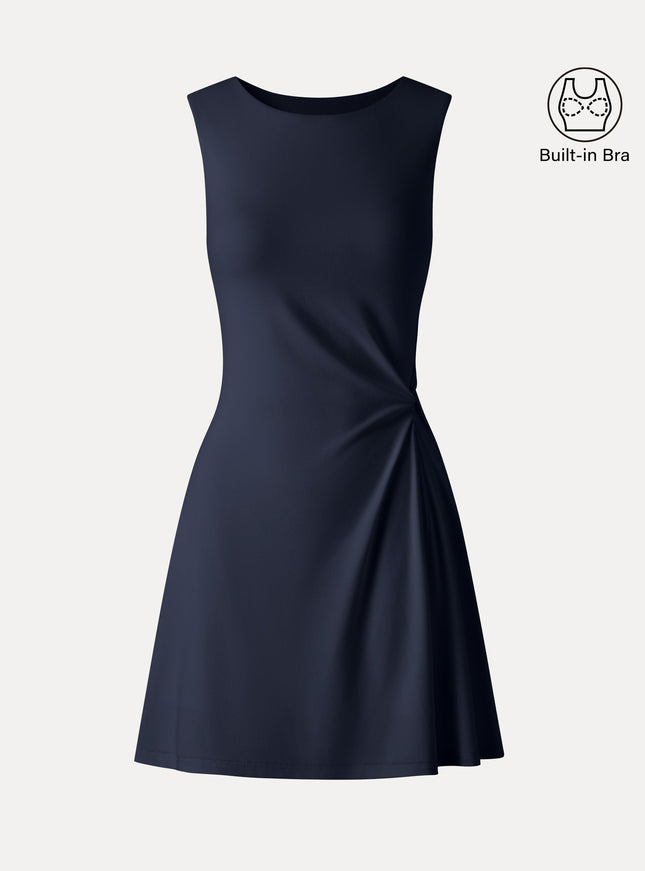 Ribbed Round Neck Sleeveless Side-Twist Mini Built-In Bra Dress