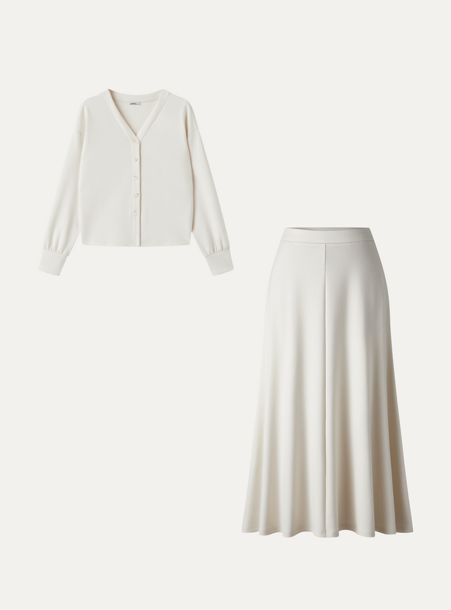 2Pcs Set V-Neck Long Sleeve Cardigan & Knit High-Rise Umbrella Midi Skirt with Pockets