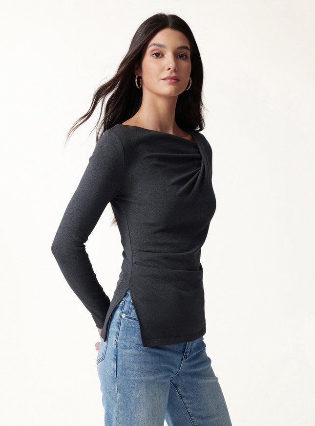 Asymmetrical Neck Long Sleeve Tucked-Waist Top