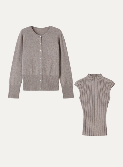 2Pcs Set 100% Merino Wool Long Sleeve Cardigan & Mock Neck Sweater