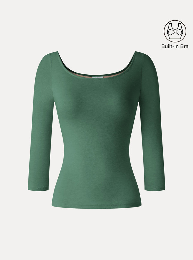 Lyocell-Wool Knit Scoop Neck 3/4 Sleeve Built-In Bra Top