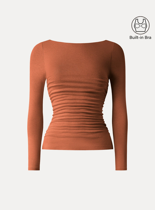 Boatneck Ruched Built-In Bra Top