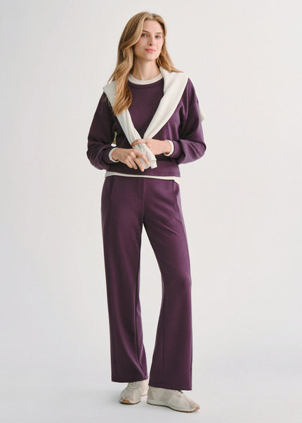 2Pcs Set MaxWarm Fleece Round Neck Long Sleeve Top & High-Rise Belted Wide-Leg Pants with Pockets