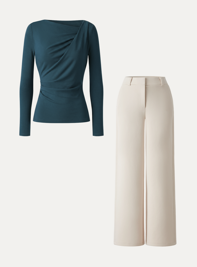 2Pcs Set Asymmetrical Neck Long Sleeve Top & Mid Rise Wide Leg Trouser