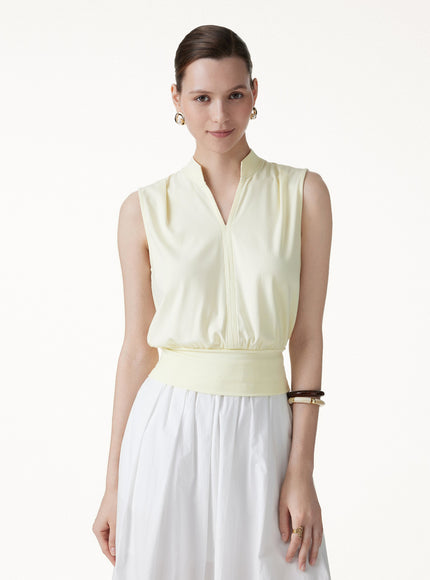 Cotton-Viscose V-neck Stand Collar Sleeveless Top