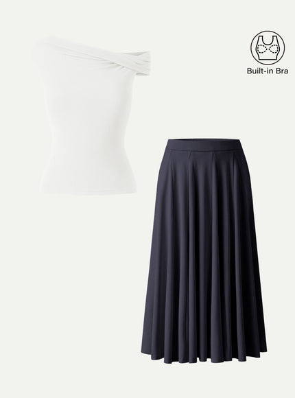 2Pcs Set Multi-wear Built-In Bra Top & Volume Skirt with Pockets