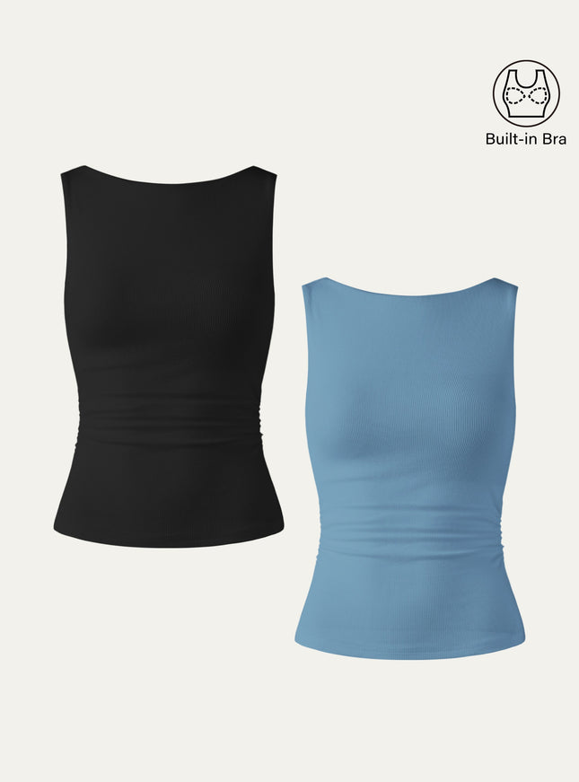 Elastic Open Back Built-In Bra Tank