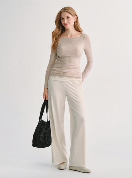 Lyocell-Wool Trapeze Neck Long Sleeve Built-In Bra Top