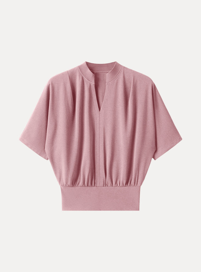 Stand Collar V-Neck Short Sleeve Top