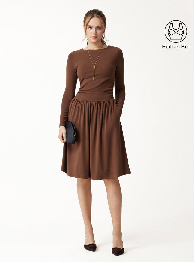 Boatneck Ruched Mini Built-In Bra Dress with Pockets