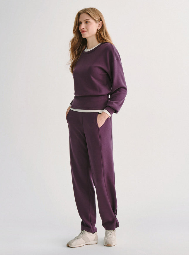2Pcs Set MaxWarm Fleece Round Neck Long Sleeve Top & High-Rise Belted Wide-Leg Pants with Pockets