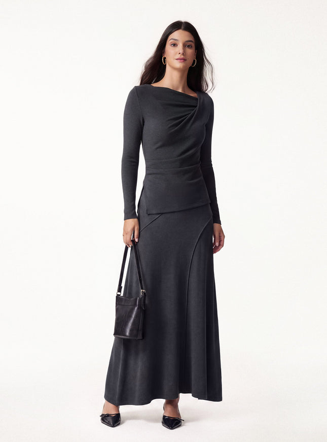 2Pcs Set Asymmetrical Neck Top & Drapey A-Line Midi Skirt