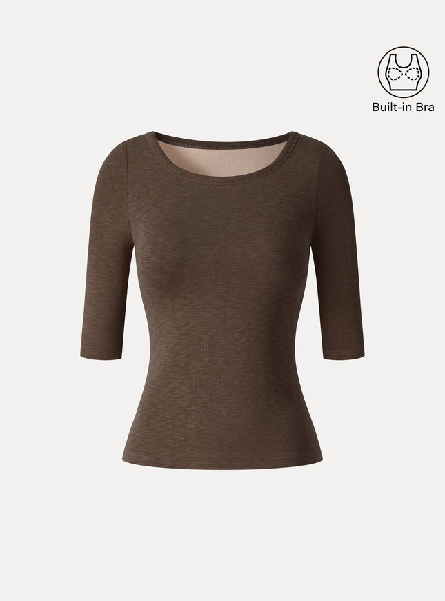 Round Neck Elbow Sleeve Built-In Bra Top