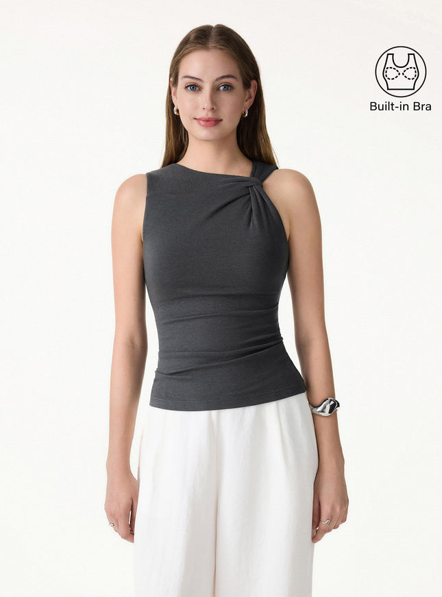 Sweat-Wicking Asymmetrical Neck Knotted Built-In Bra Tank