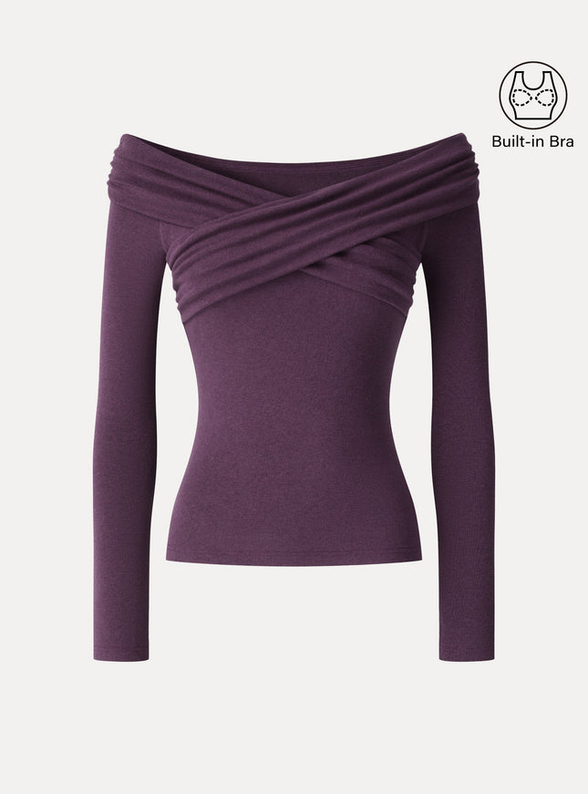 Surplice Long Sleeve Ruched Built-In Bra Top