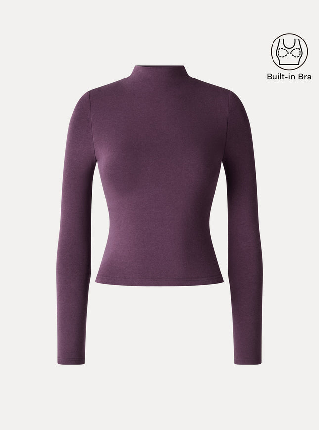 Mock Neck Long Sleeve Built-In Bra Top