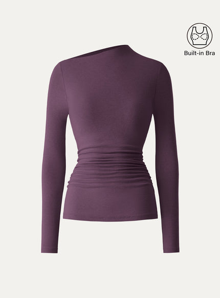 Slanted Mockneck Ruched Built-In Bra Top