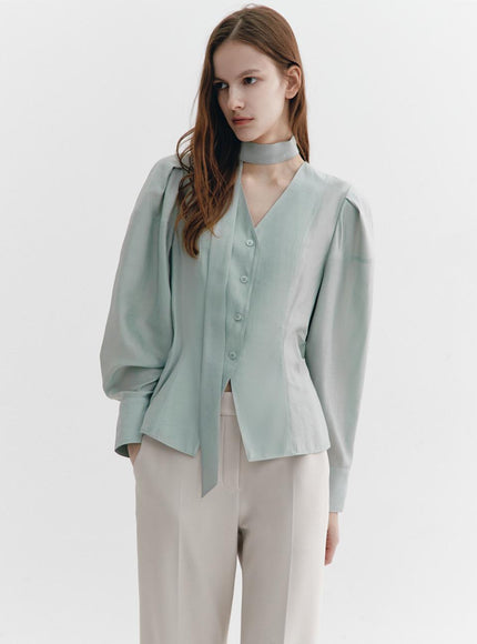 GRAYDATION Women's Tie-Decorated Puffed Sleeve Blouse Mint