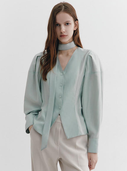 GRAYDATION Women's Tie-Decorated Puffed Sleeve Blouse Mint