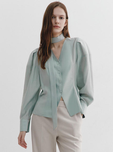 GRAYDATION Women's Tie-Decorated Puffed Sleeve Blouse Mint