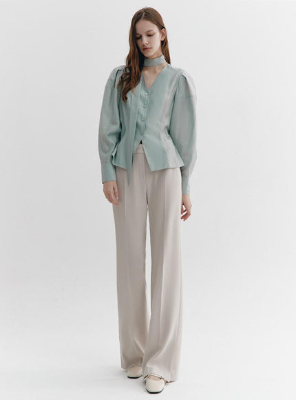 GRAYDATION Women's Tie-Decorated Puffed Sleeve Blouse Mint