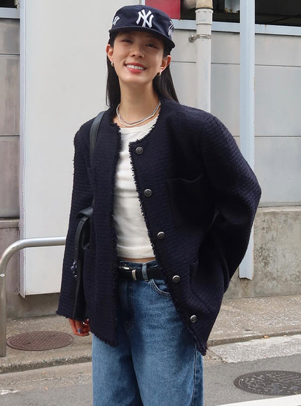 LOEUVRE Women's Oversized Tweed Metal Button Jacket SW5SJ102