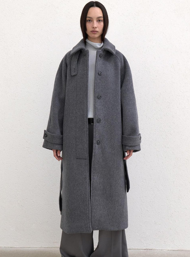 LOWTEAL Women's Wool 100% Hairy Belted Coat Grey 720791630