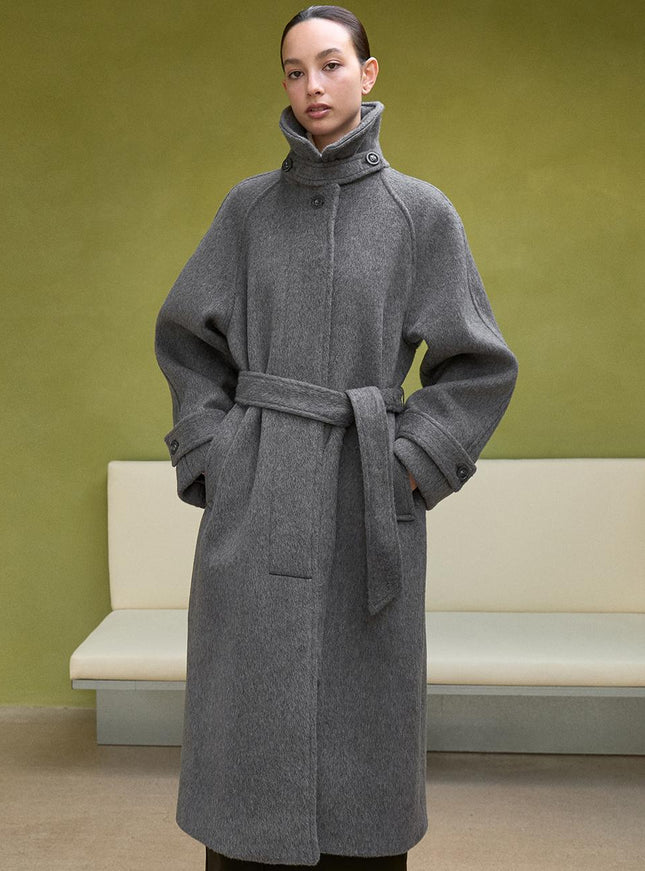 LOWTEAL Women's Wool 100% Hairy Belted Coat Grey 720791630