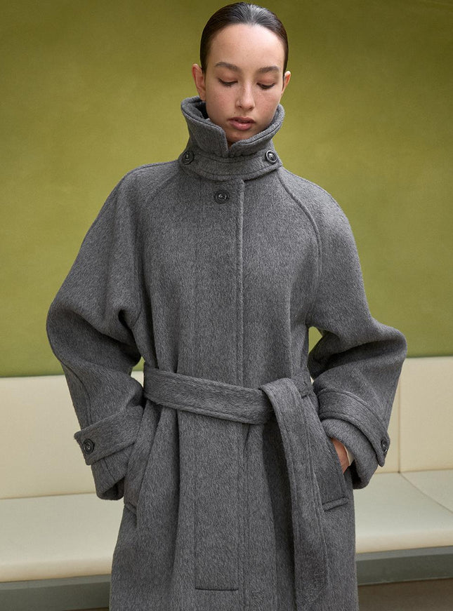 LOWTEAL Women's Wool 100% Hairy Belted Coat Grey 720791630