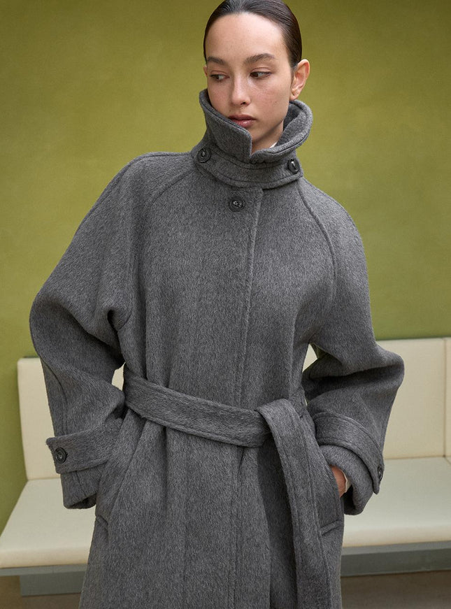 LOWTEAL Women's Wool 100% Hairy Belted Coat Grey 720791630