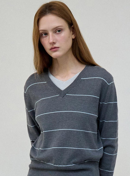 ouie Women's Striped V-neck Knit Gray OU1881