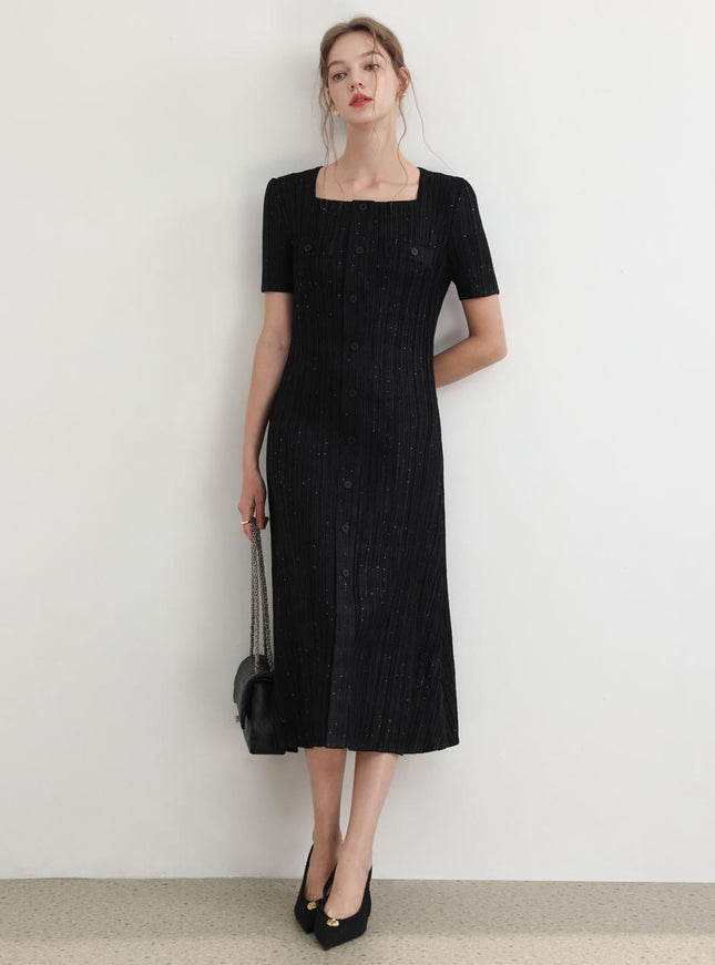 PLEATSMOOD Women's Tweed Pleated Square Neck Dress 720890933