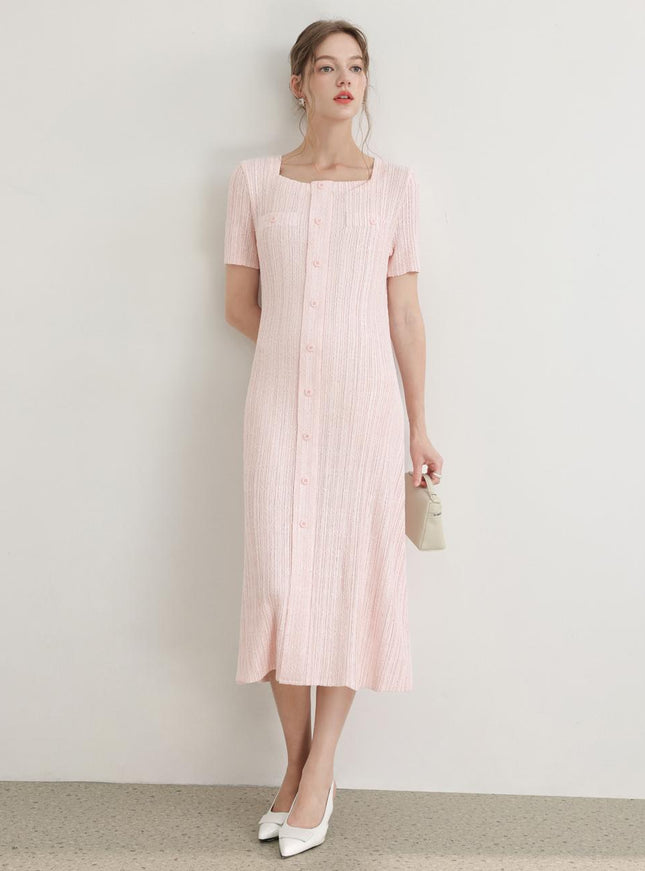 PLEATSMOOD Women's Tweed Pleated Square Neck Dress 720890933