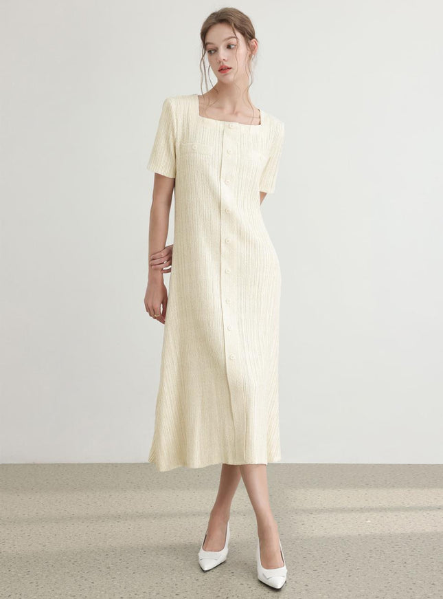 PLEATSMOOD Women's Tweed Pleated Square Neck Dress 720890933