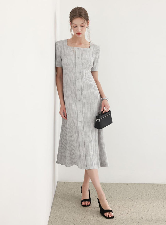 PLEATSMOOD Women's Tweed Pleated Square Neck Dress 720890933