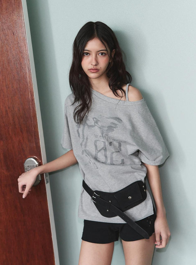leathery Women's Vintage Slit One-Shoulder T-Shirt