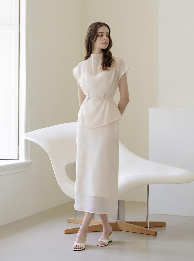 the J.Soo Women's Sheer Belt Blouse & Skirt Set Cream 720955394