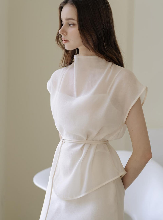 the J.Soo Women's Sheer Belt Blouse & Skirt Set Cream 720955394