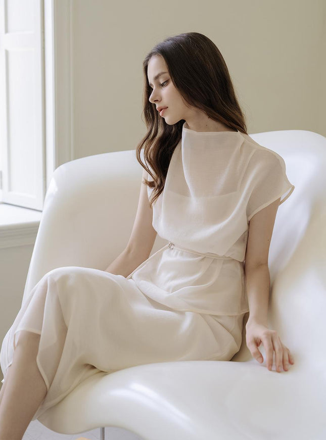 the J.Soo Women's Sheer Belt Blouse & Skirt Set Cream 720955394