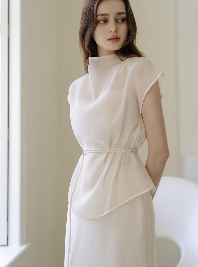 the J.Soo Women's Sheer Belt Blouse & Skirt Set Cream 720955394