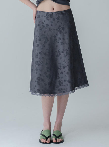 MARS EN AVRIL Women's Floral Satin Midi Skirt Charcoal