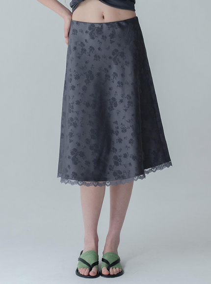 MARS EN AVRIL Women's Floral Satin Midi Skirt Charcoal