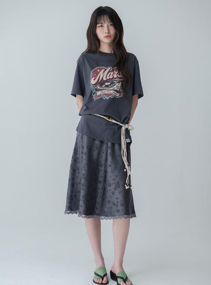 MARS EN AVRIL Women's Floral Satin Midi Skirt Charcoal