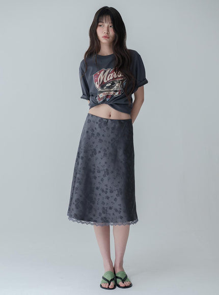 MARS EN AVRIL Women's Floral Satin Midi Skirt Charcoal
