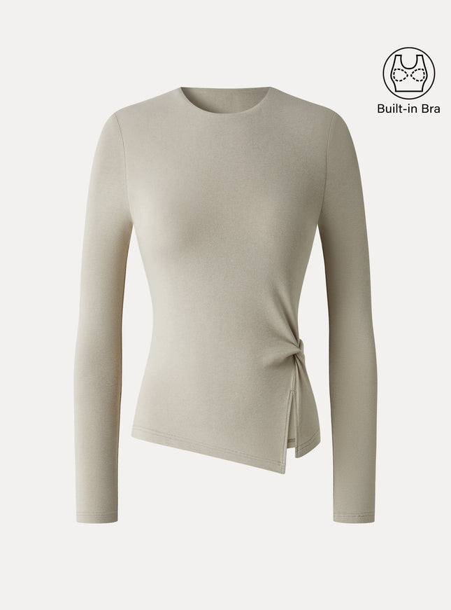 Round Neck Long Sleeve Twist-Hem Built-In Bra Top